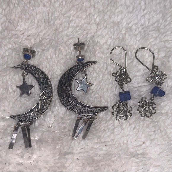 Blue Stone and Silverplated Two set of earings Filigree - Picture 1 of 6